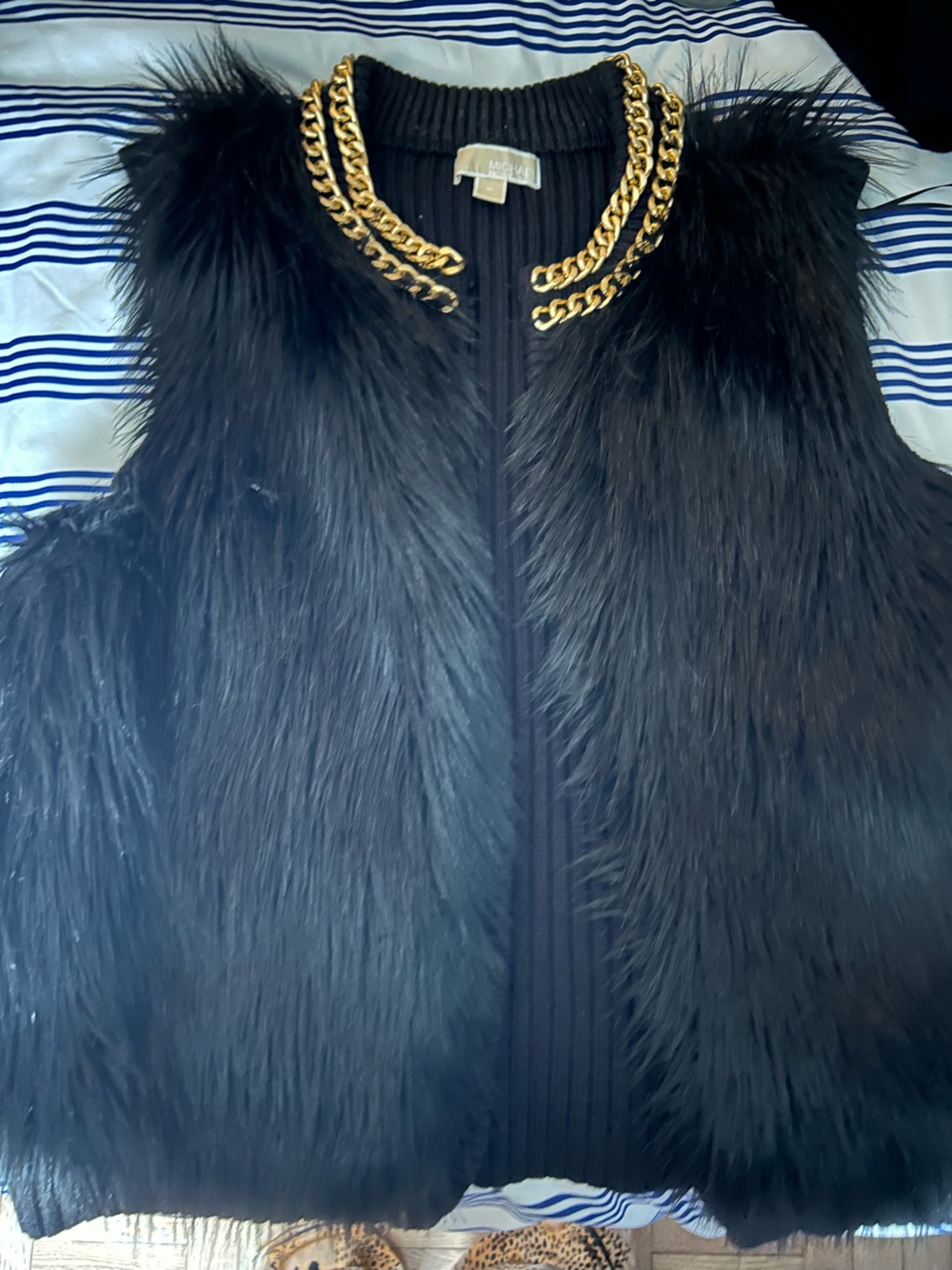 Michael Kors Black Faux Fur Vest with Gold Chain Trim